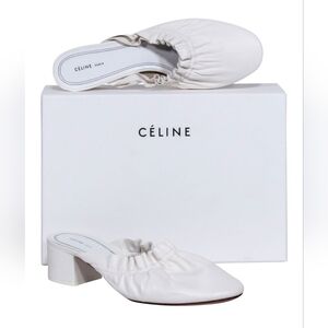 CELINE White Ruffle Leather Mule